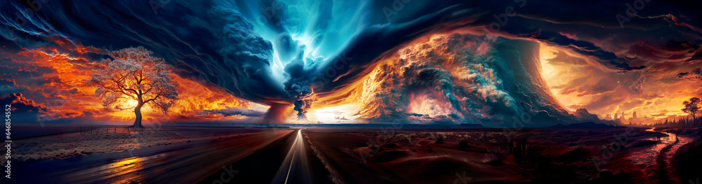 AI-generated panoramic image of a dramatic and surreal landscape with a road leading towards a swirling vortex in the sky.