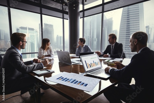 Business people group meeting in office. Professional businesswomen, businessmen, and office workers work in team conferences with project planning documents on the meeting table.