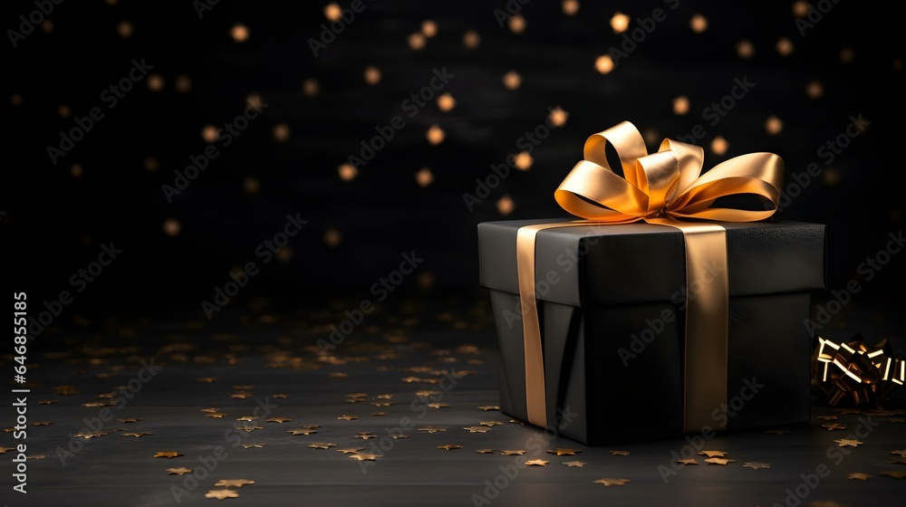 Black Gift Box in front of a dark Background with Copy Space. Festive Template for Holidays and Celebrations
Black Gift Box in front of a dark Background with Copy Space. Festive Template for Holidays and Celebrations