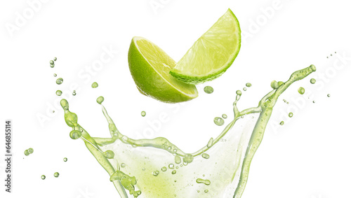 Two lime slices falling into a green juice splash isolated on white background.