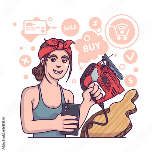 Young lady holding fretsaw and ready to cut wood. Order and buying different instruments for work with wood. Online shopping. Flat vector illustration in cartoon style