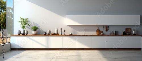 Fototapeta Naklejka Na Ścianę i Meble -  Modern spacious minimalistic kitchen with loft elements. Dining area, table and chairs. Combination of wood and concrete. Comfortable living space.