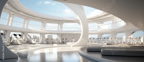 Futuristic white Gym room, sci-fi room looking out to an landscape. Empty space.