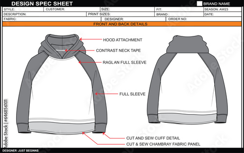 TODDLER RAGLAN HOODIE BOYS AND GIRLS FLAT SKETCH FASHION TEMPLATE TECHNICAL DRAWING ILLUSTRATION