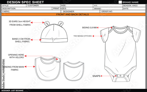 NEW BORN BODYSUIT BIB AND GAP FLAT SKETCH FASHION TEMPLATE TECHNICAL DRAWING ILLUSTRATION