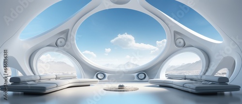 Futuristic white Media room, sci-fi room looking out to an landscape. Big sofa. © ArtStockVault
