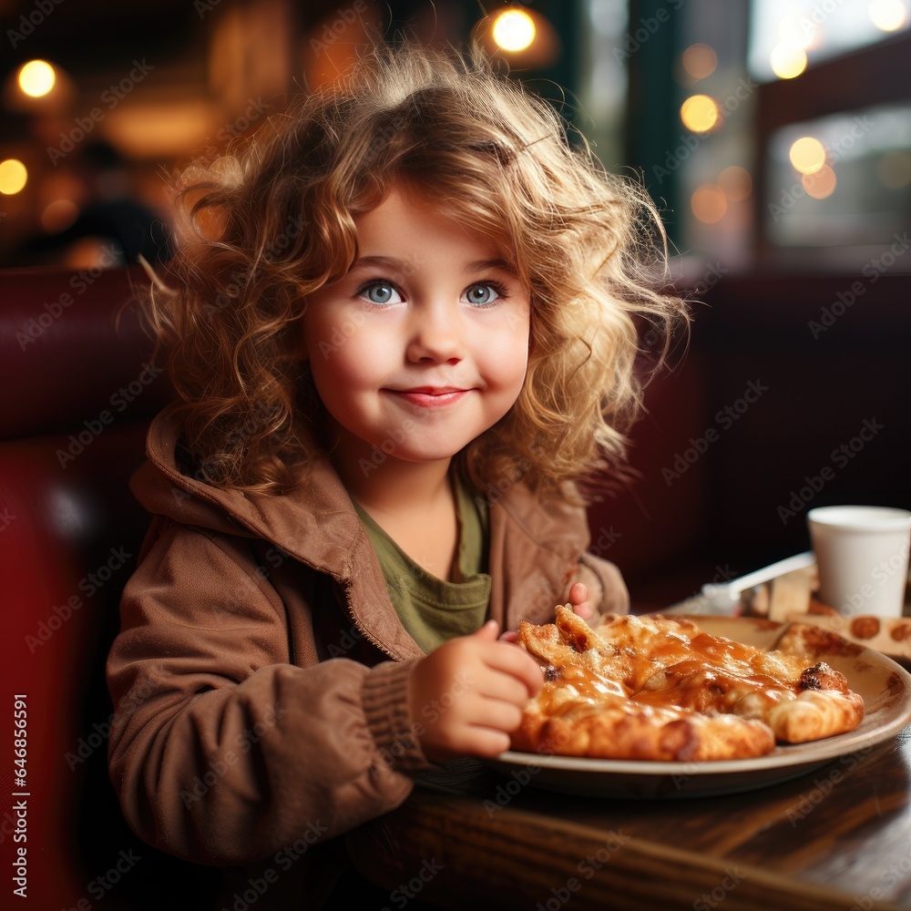 Happy smiling blond curly kid in jacket sits at table going to eats fresh pizza, meal at street restaurant, cafe at night Happy smiling blond curly kid in jacket sits at table going to eats fresh pizza, meal at street restaurant, cafe at night