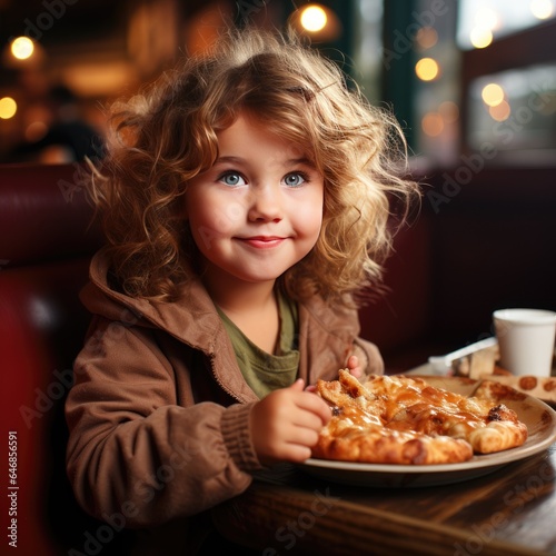 Happy smiling blond curly kid in jacket sits at table going to eats fresh pizza  meal at street restaurant  cafe at night