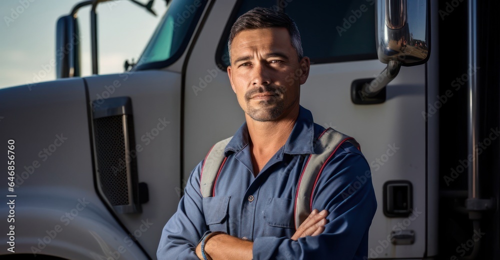 Caucasian Man Truck Driver Backdrop Scene Smart Generative AI Caucasian Man Truck Driver Backdrop Scene Smart Generative AI