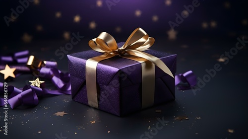 Dark Purple Gift Box in front of a dark Background with Copy Space. Festive Template for Holidays and Celebrations  © drdigitaldesign