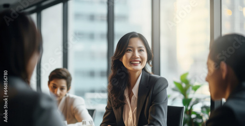 Asian female CEO with long hairs confidently leading a diverse boardroom meeting in office  symbolizing the increasing presence of women in top executive positions  copy space on right
