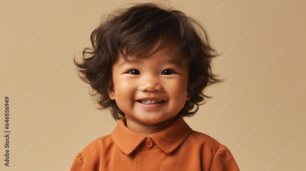 A cheerful little boy of Asian descent smiles in front of a beige studio background. Generative AI A cheerful little boy of Asian descent smiles in front of a beige studio background. Generative AI