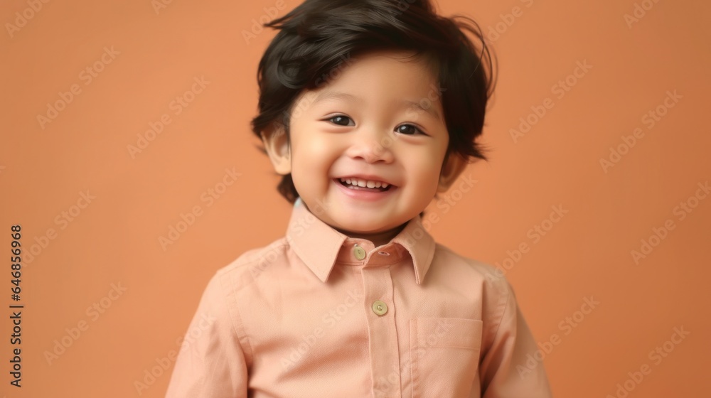 Happy Asian toddler boy, dressed in neutral colors, smiling for the camera on a beige studio set. Generative AI Happy Asian toddler boy, dressed in neutral colors, smiling for the camera on a beige studio set. Generative AI