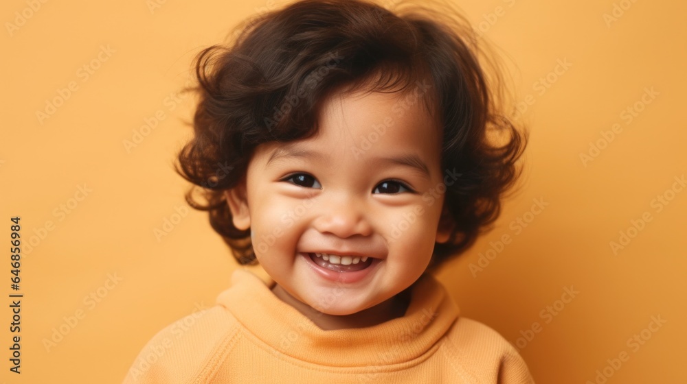Portrait of an Asian toddler in neutral clothing, happily posing against a light beige backdrop. Generative AI Portrait of an Asian toddler in neutral clothing, happily posing against a light beige backdrop. Generative AI