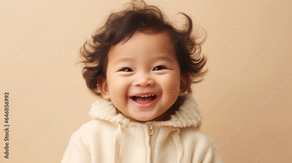 Happy Asian toddler boy in neutral attire, smiling for the camera on a beige backdrop. Generative AI Happy Asian toddler boy in neutral attire, smiling for the camera on a beige backdrop. Generative AI