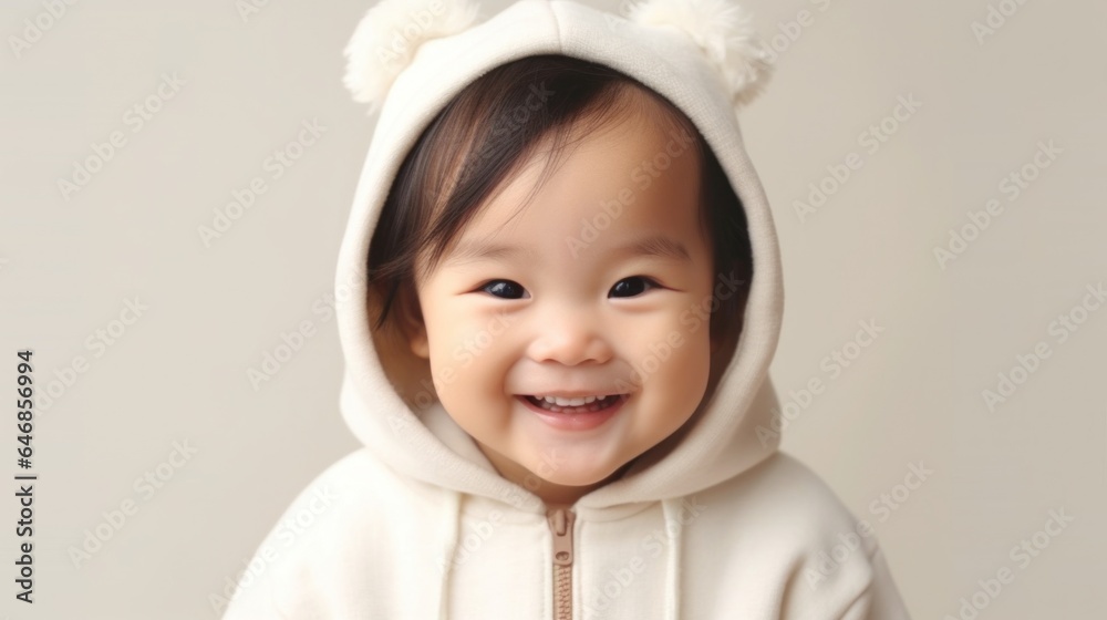 Cheerful little Asian boy in studio setting, dressed in neutral tones, grinning at the camera. Generative AI