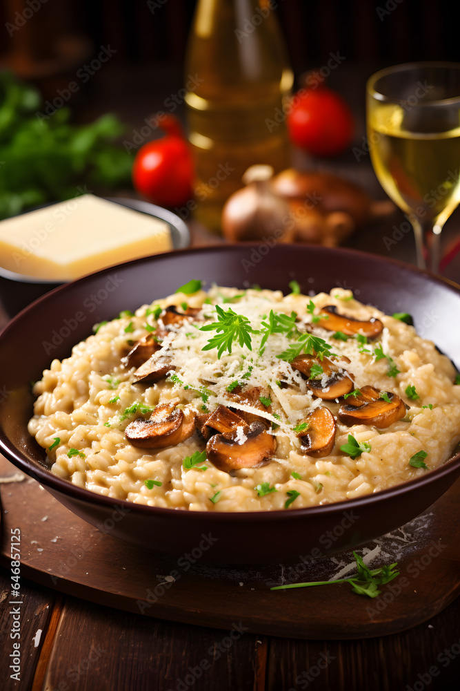 Generative Ai – A bowl of creamy mushroom risotto topped with Parmesan cheese, fall dish