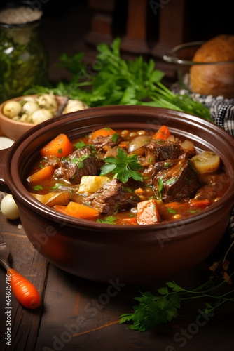 Generative Ai – A bowl of hearty beef stew with root vegetables and herbs