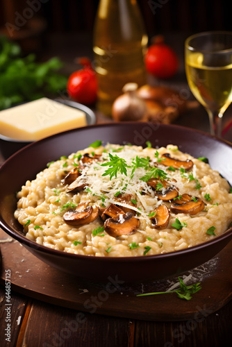 Generative Ai     A bowl of creamy mushroom risotto topped with Parmesan cheese  fall dish