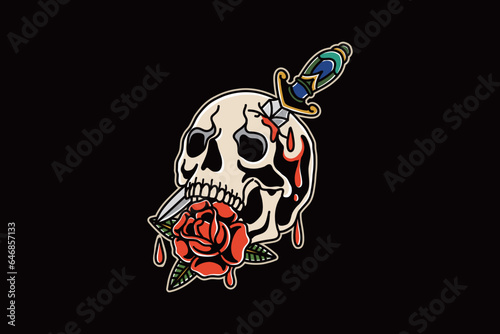 Traditional tattoo skull with flowers and sword. Vector illustration on Black background