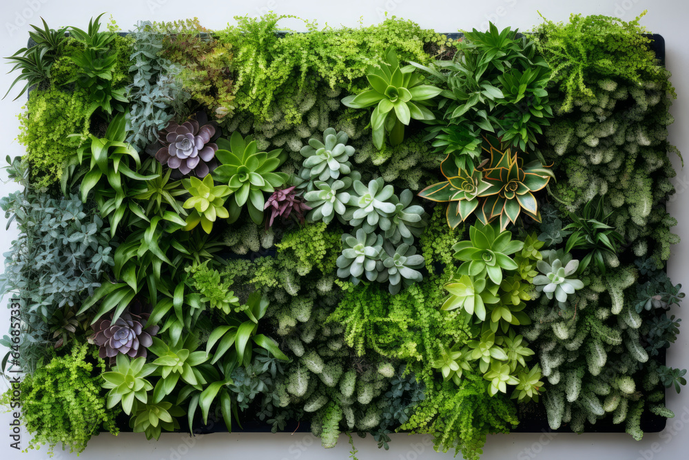 Obraz premium living wall tropical green plants background. Vertical garden