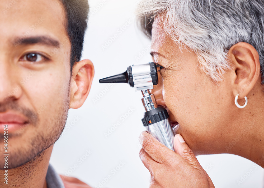 Φωτογραφία Hearing test, doctor and patient with healthcare consultation closeup, face and ENT specialist with otoscope