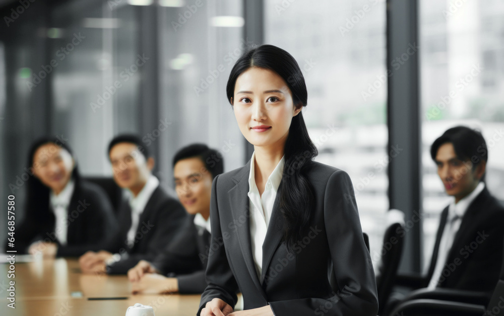 Asian young female CEO leading a diverse boardroom meeting in office, symbolizing the increasing presence of women in top executive positions, copy space on right Asian young female CEO leading a diverse boardroom meeting in office, symbolizing the increasing presence of women in top executive positions, copy space on right