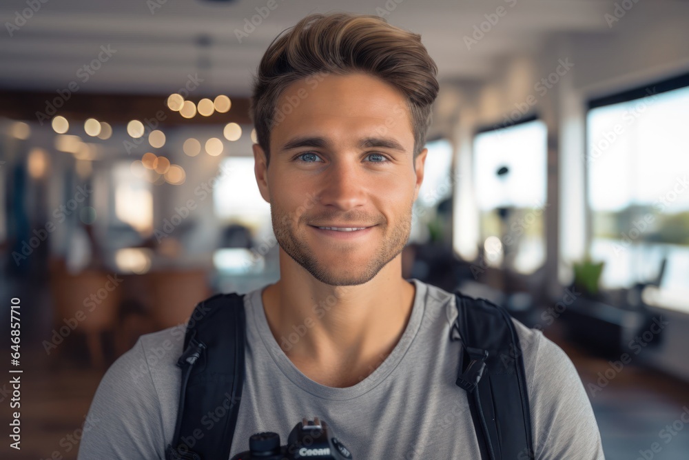 Fototapeta premium Caucasian Man Vlogger Backdrop Smart Looking Generative AI
