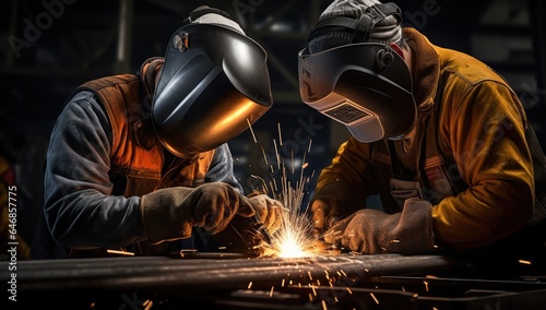 two welders wearing helmets working together in a factory Generative AI
