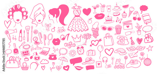 Vector illustration collection of beauty and fashion isolated pink doodles