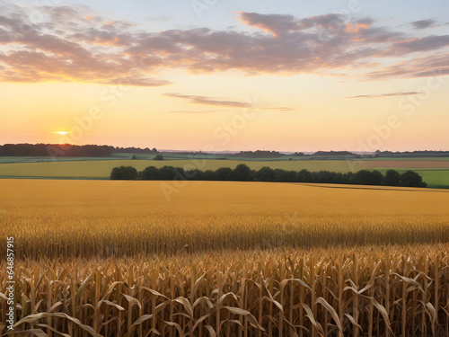 Field of corn at sunset under beautiful sky