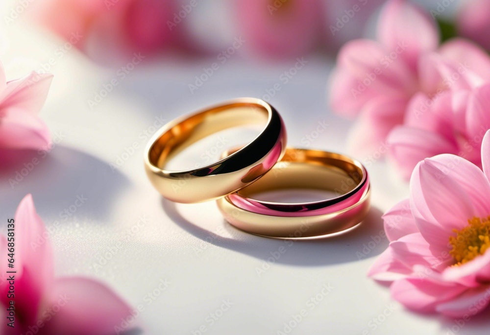 AI generated illustration of two gold wedding rings next to a bed of pink flowers AI generated illustration of two gold wedding rings next to a bed of pink flowers