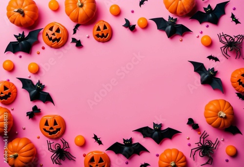 AI generated illustration of festive Halloween carved pumpkins and bats against a pink background