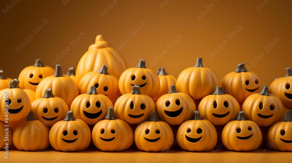 AI generated illustration of a brightly-colored assortment of orange pumpkins with carved faces - obrazy, fototapety, plakaty 