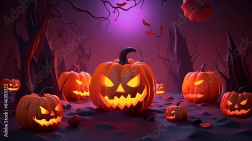 AI generated illustration of illuminated Halloween pumpkins on a purple background