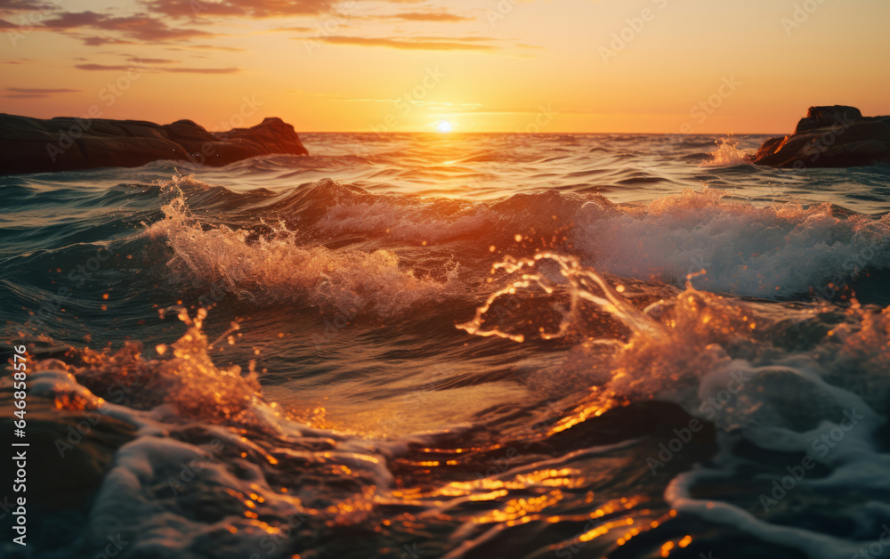 Close up of waves in morning sun. Sunrise, golden hour concept.