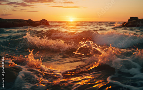 Close up of waves in morning sun. Sunrise, golden hour concept.