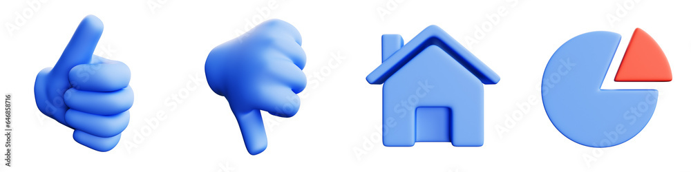 Set of 3D icons, thumbs up, thumbs down, house, diagram. Isolated on transparent background. 3D illustration Set of 3D icons, thumbs up, thumbs down, house, diagram. Isolated on transparent background. 3D illustration