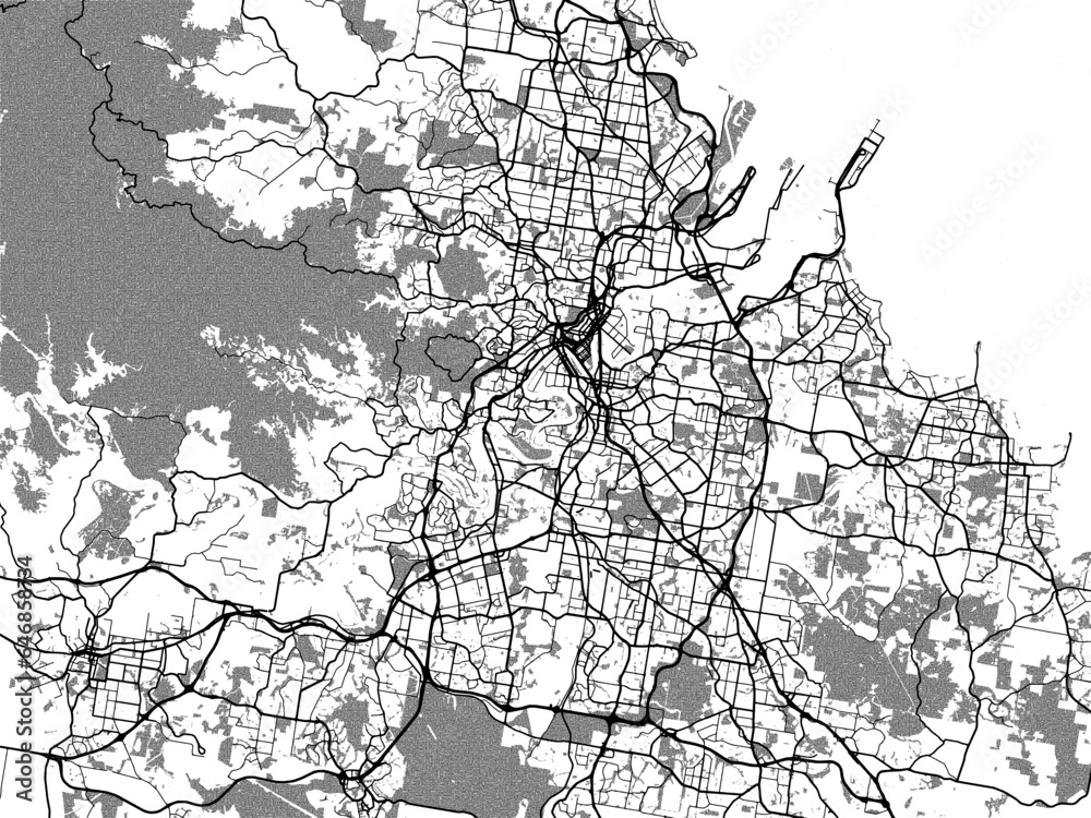 Greyscale vector city map of  Brisbane in Australia with with water, fields and parks, and roads on a white background.