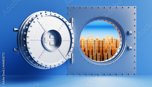 Metal steel round gate isolated mechanism with welds and rivets. Storage of gold and money. 3d illustration