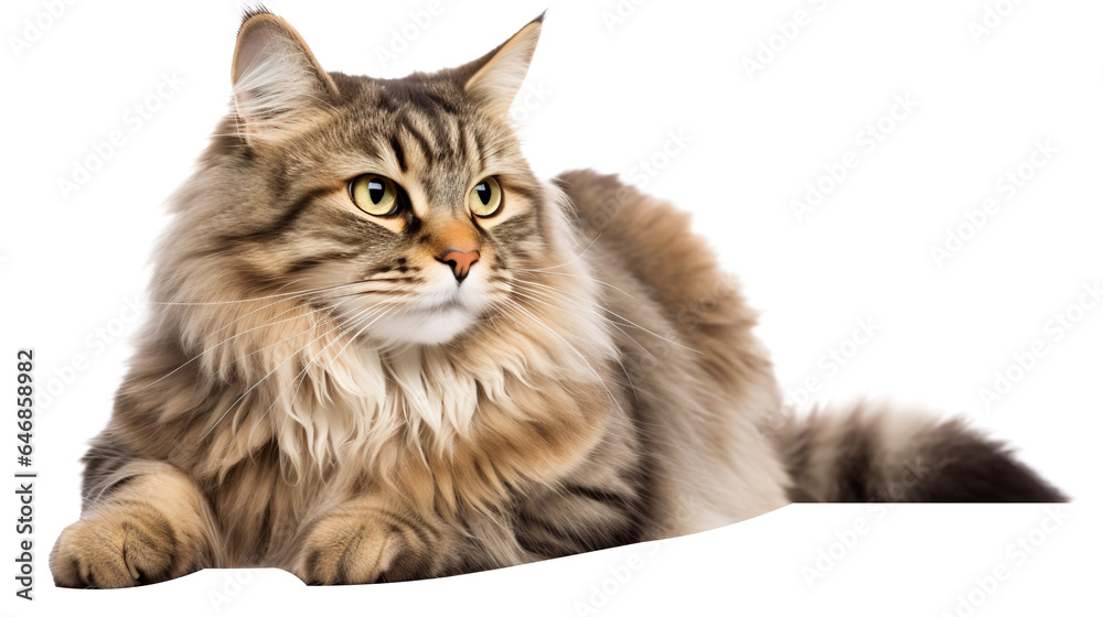 Show champion Maine Coon lying isolated on white background