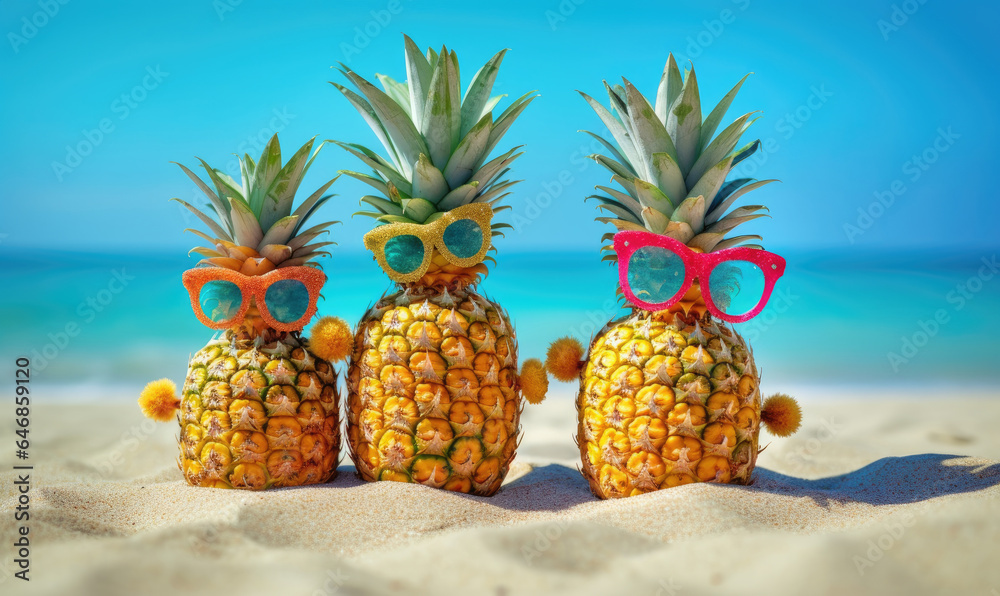 Background of pineapple with sunglass. Beach holidays on island. For postcard, book illustration. Background of pineapple with sunglass. Beach holidays on island. For postcard, book illustration.