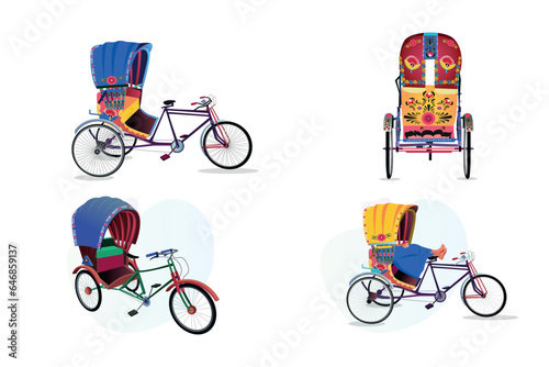 Set of colorful rickshaw illustrations Bangladeshi Rickshaw art Tri cycle of Dhaka city photo