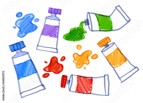 Felt pen vector illustration collection of child drawing of colorful paint tubes