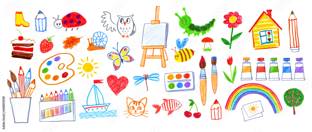 Felt pen vector illustrations collection of child drawings of art supplies and doodles