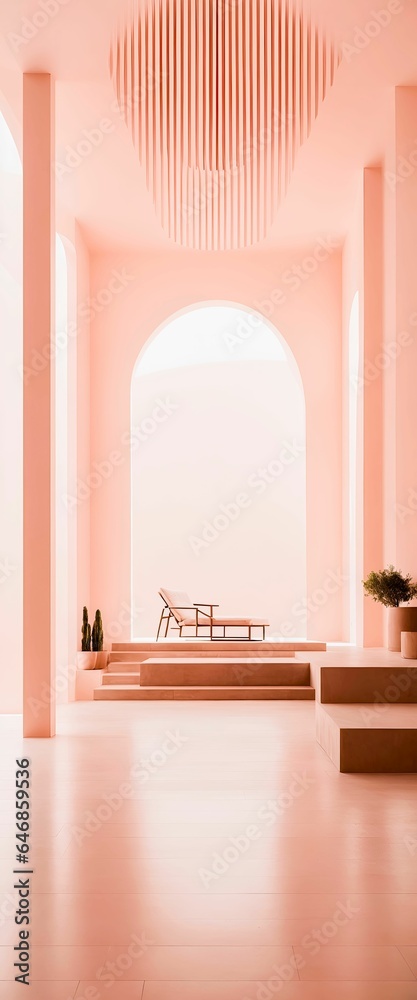 AI generated illustration of An empty, pink-toned room featuring wooden benches and potted plants AI generated illustration of An empty, pink-toned room featuring wooden benches and potted plants