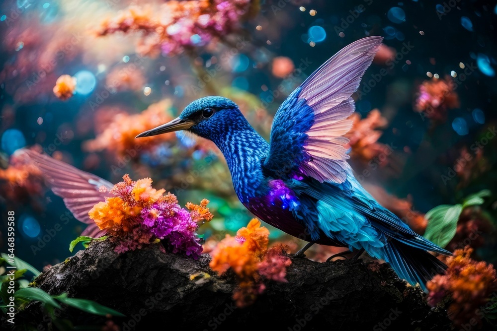 Obraz premium a vibrant blue hummingbird with its wings outstretched among a backdrop of colorful blooms