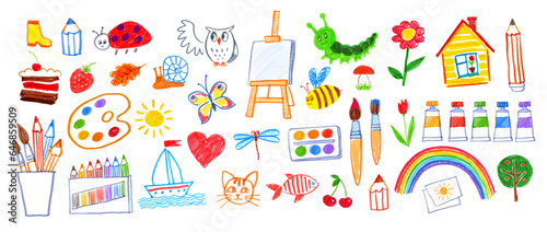 Felt pen vector illustrations collection of child drawings of art supplies and doodles