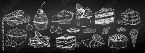 Chalk sketh vector illustration set of desserts and bakery on chalkboard background