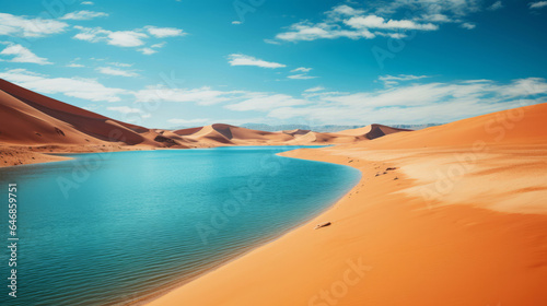 Crystal clear lake in desert area. Sand hills and blue sky. Oasis, tourism concept.